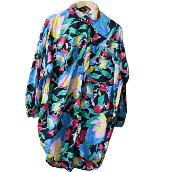 Vintage Tops - Vintage Beached Crazy Bright Funky Tropical Bold Floral Button Down Shirt LG